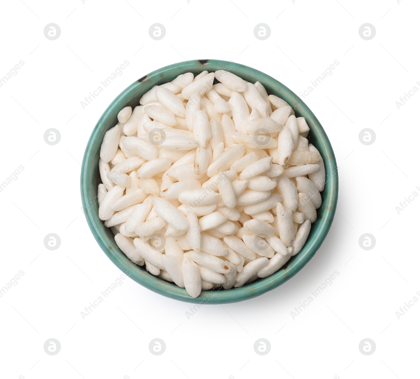 Photo of Puffed rice in bowl isolated on white, top view