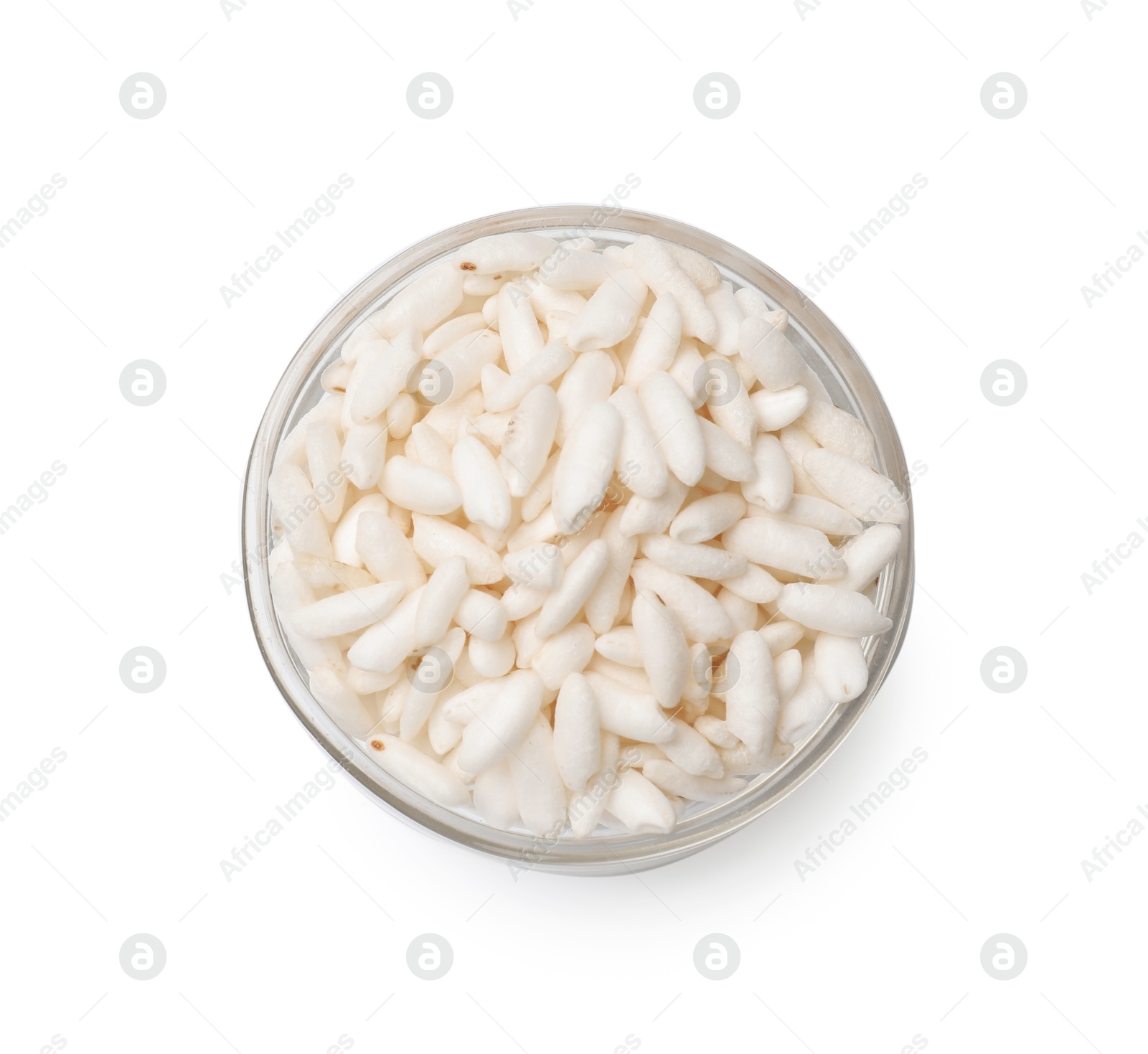 Photo of Puffed rice in bowl isolated on white, top view