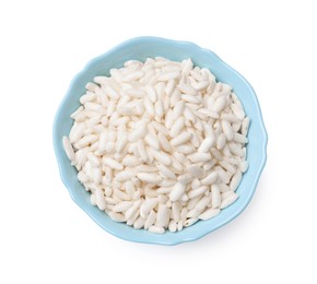 Photo of Puffed rice in bowl isolated on white, top view