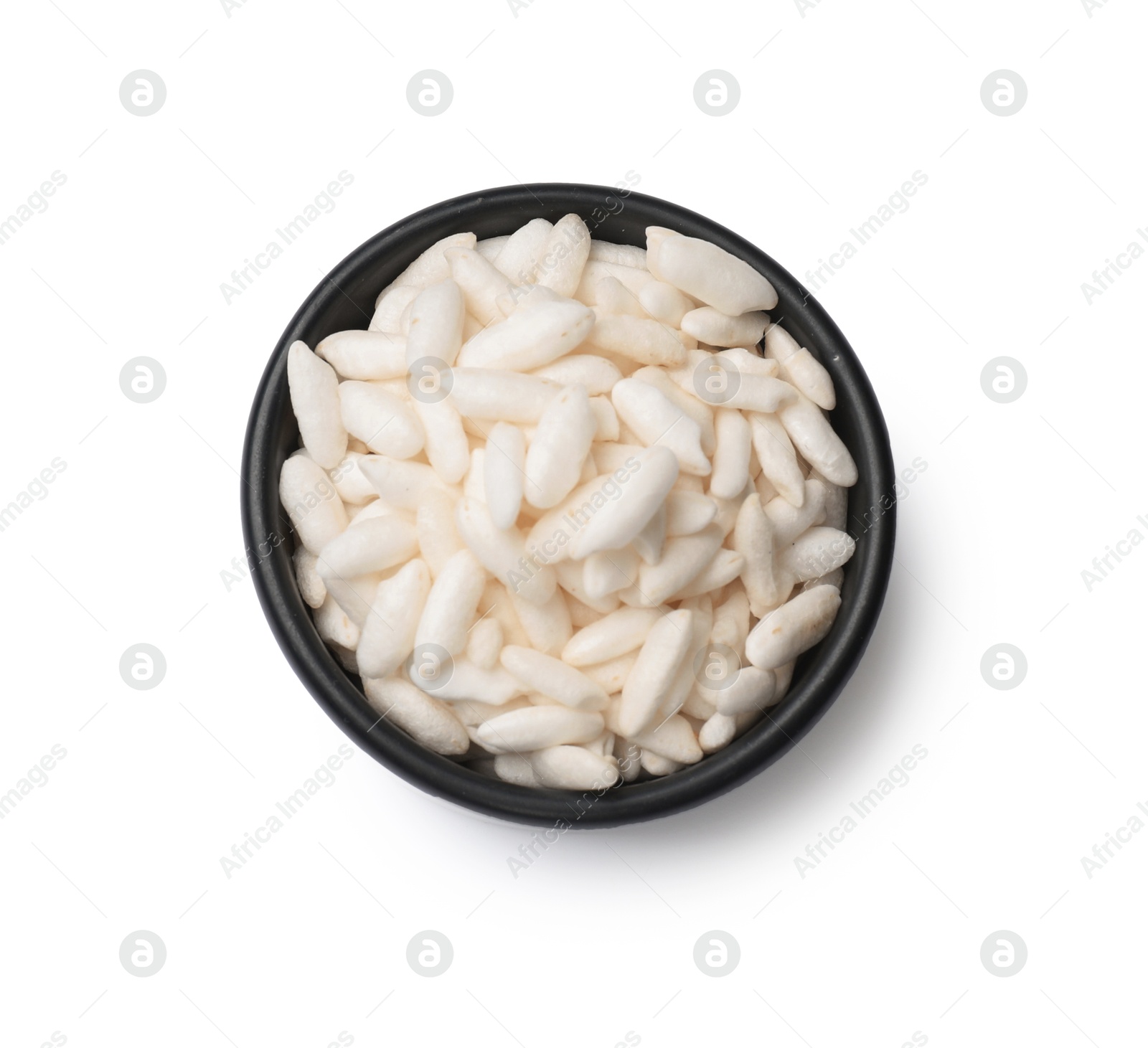 Photo of Puffed rice in bowl isolated on white, top view