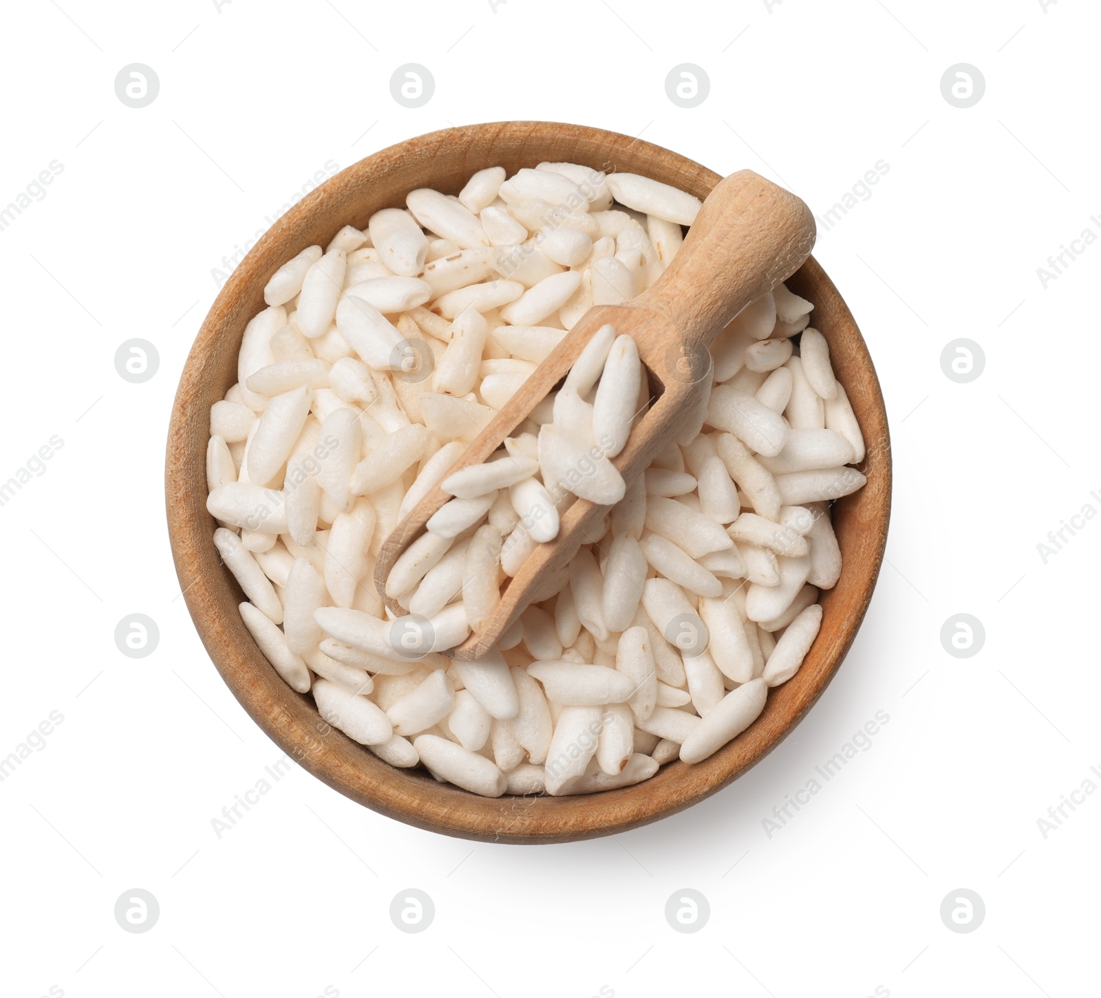 Photo of Puffed rice in bowl and scoop isolated on white, top view