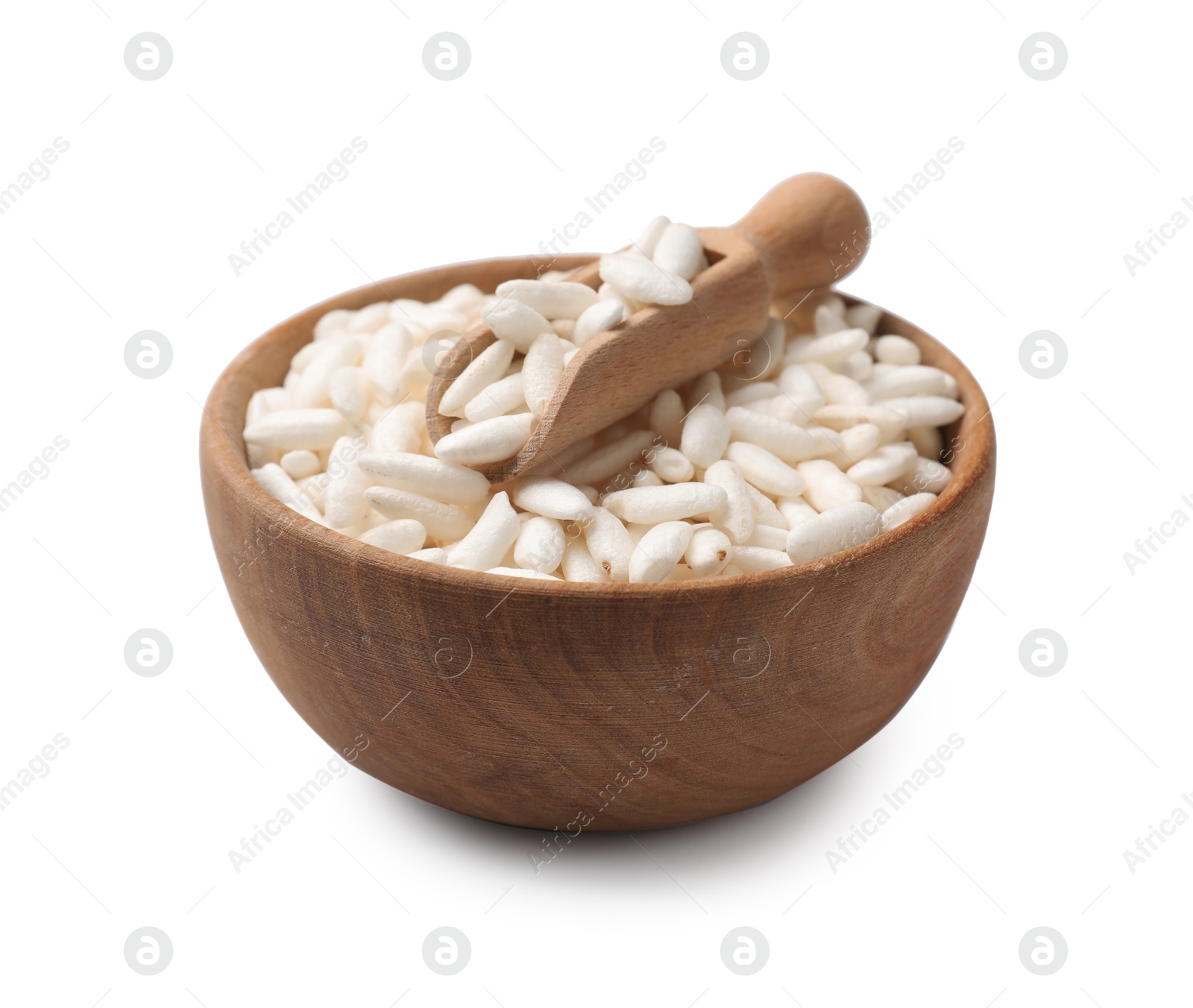 Photo of Puffed rice in bowl and scoop isolated on white