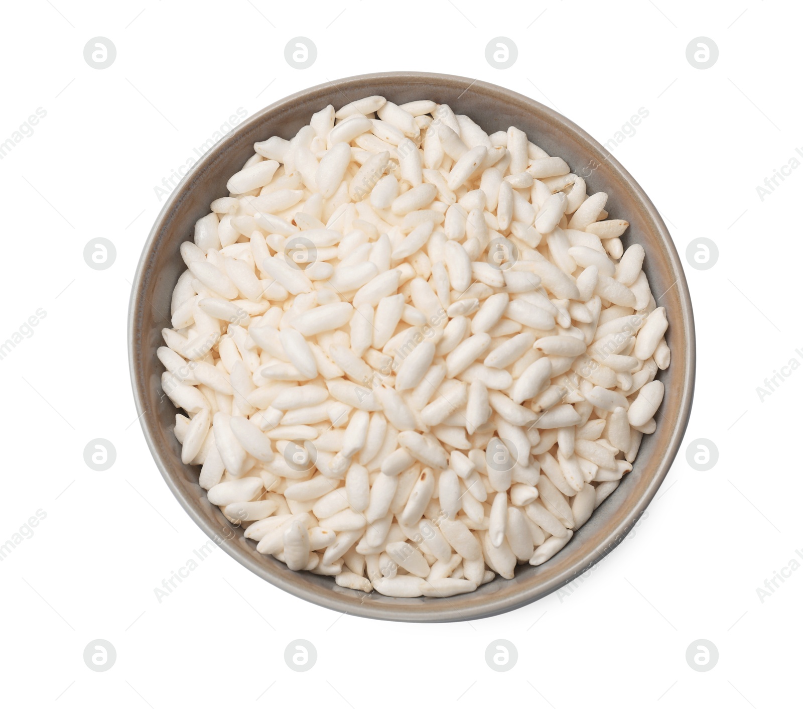 Photo of Puffed rice in bowl isolated on white, top view