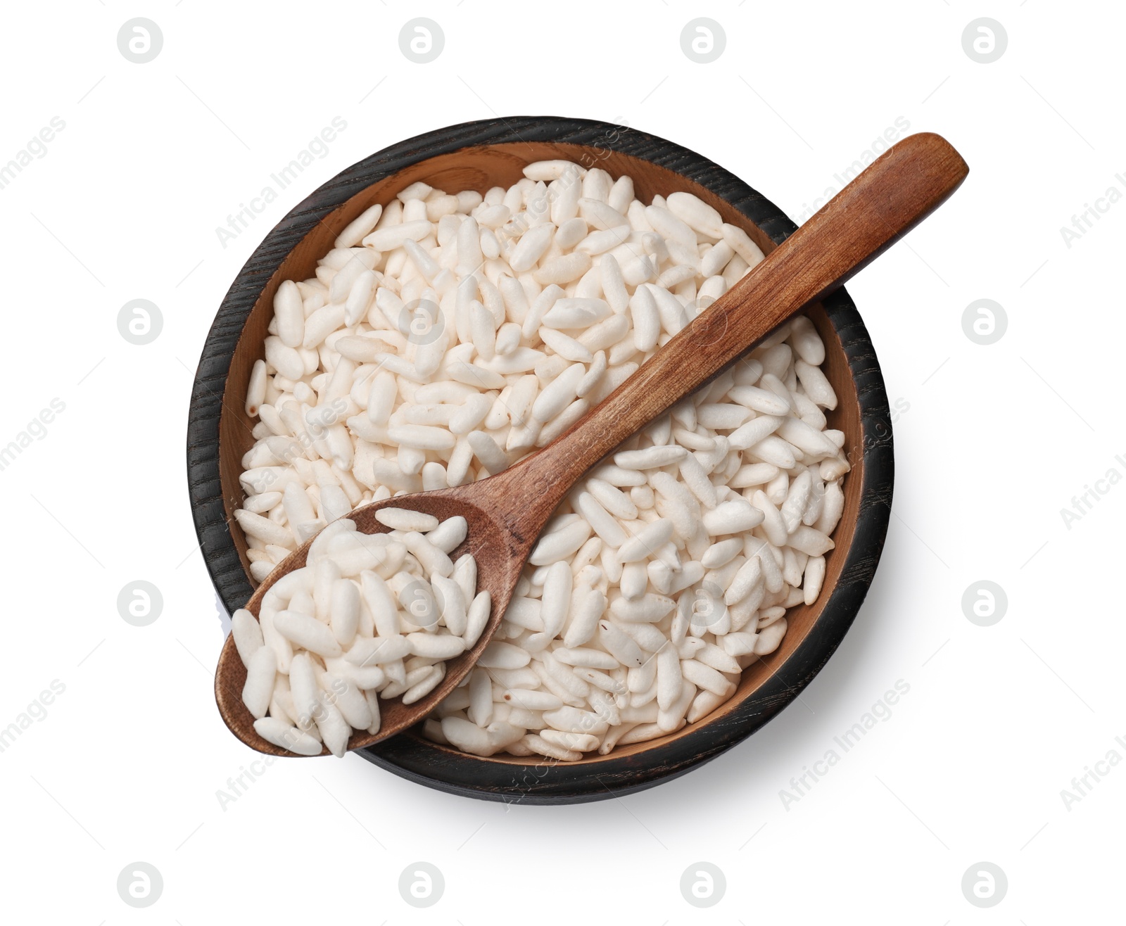 Photo of Puffed rice in bowl and spoon isolated on white, top view