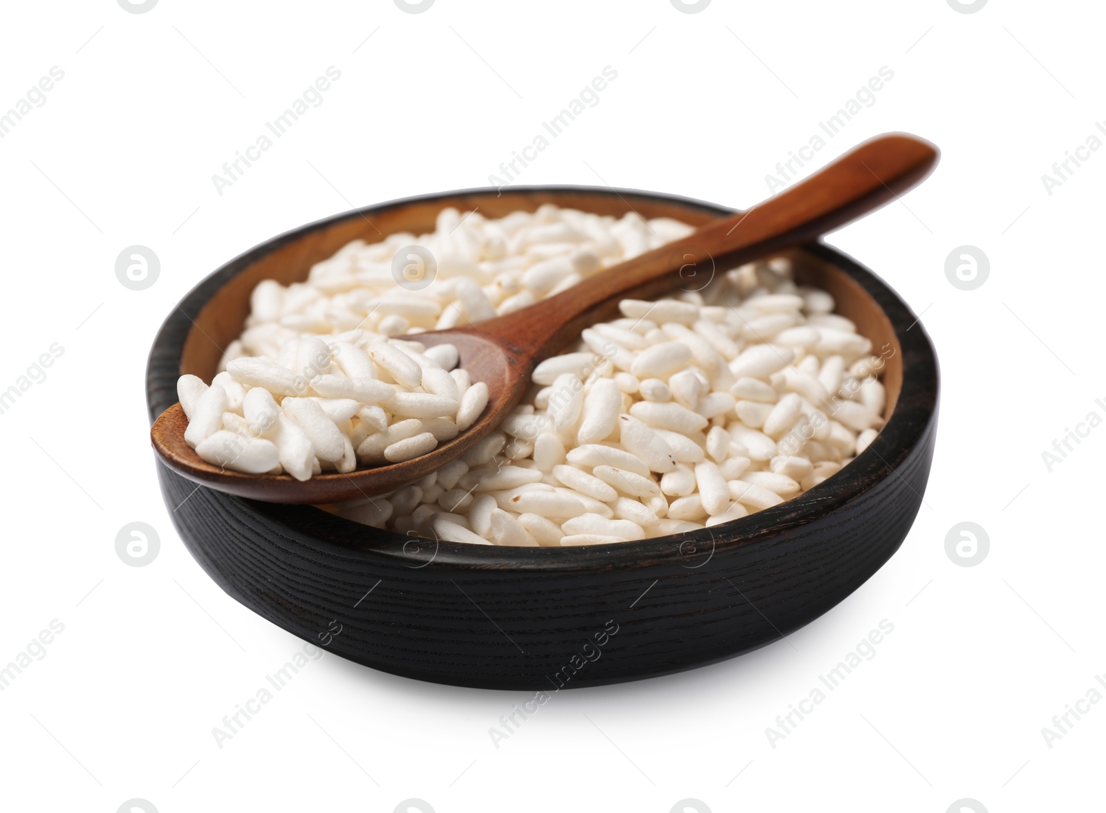 Photo of Puffed rice in bowl and spoon isolated on white