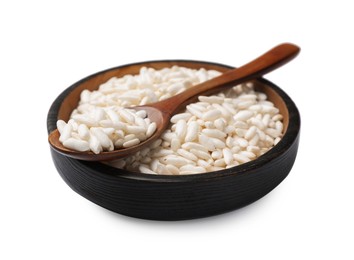 Photo of Puffed rice in bowl and spoon isolated on white