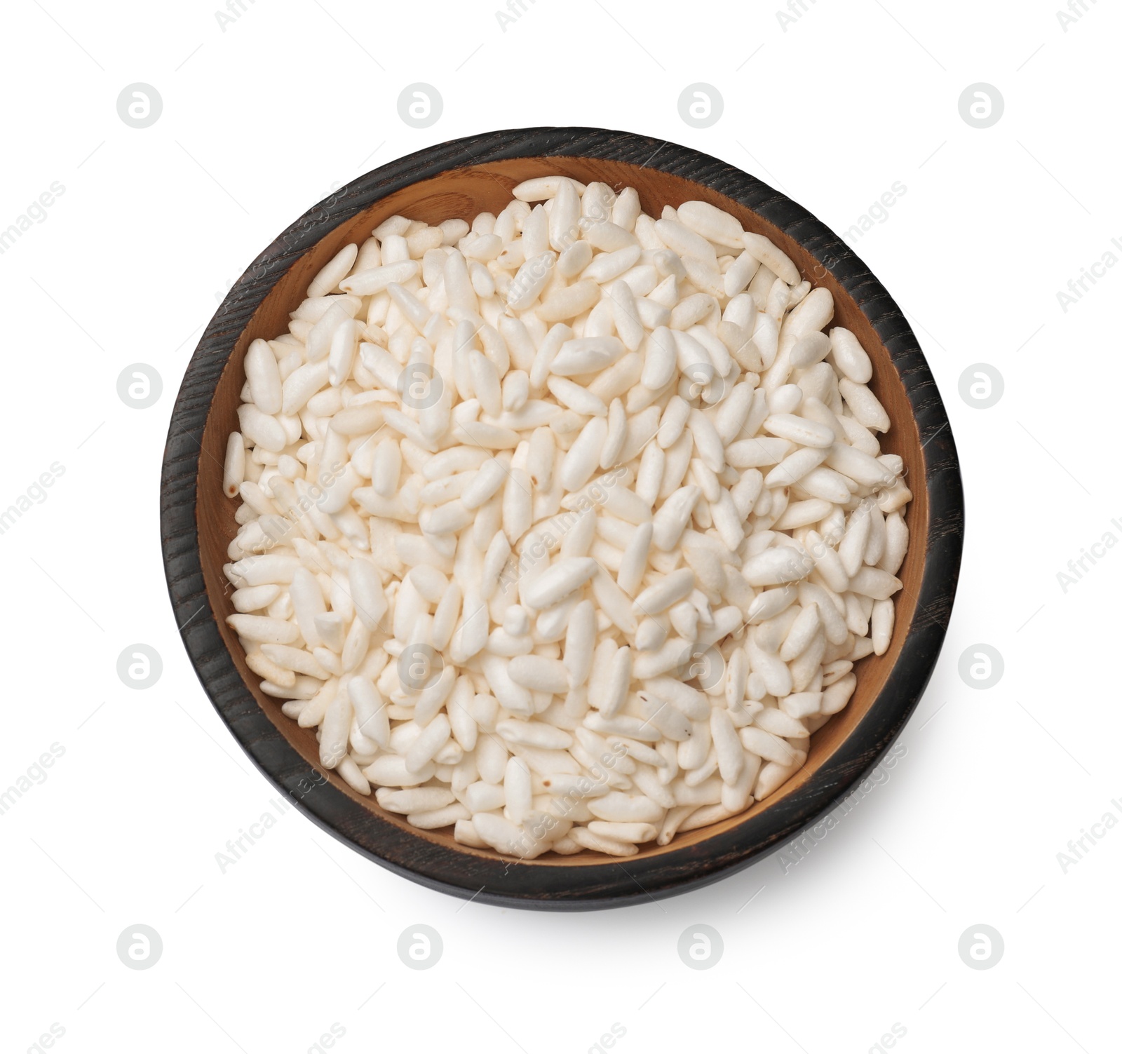 Photo of Puffed rice in bowl isolated on white, top view