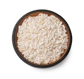 Photo of Puffed rice in bowl isolated on white, top view