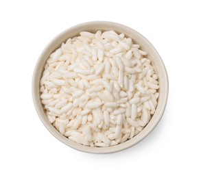 Photo of Puffed rice in bowl isolated on white, top view