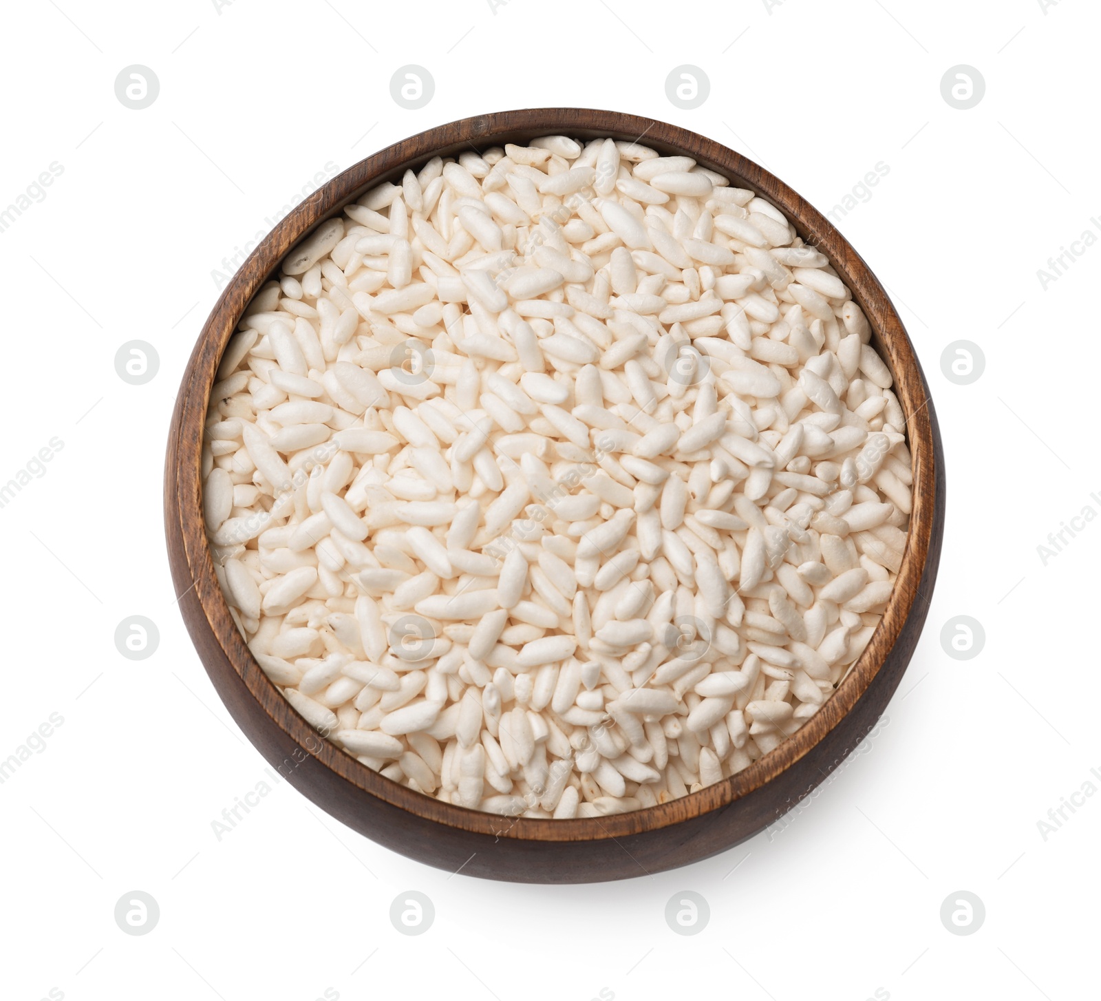 Photo of Puffed rice in bowl isolated on white, top view