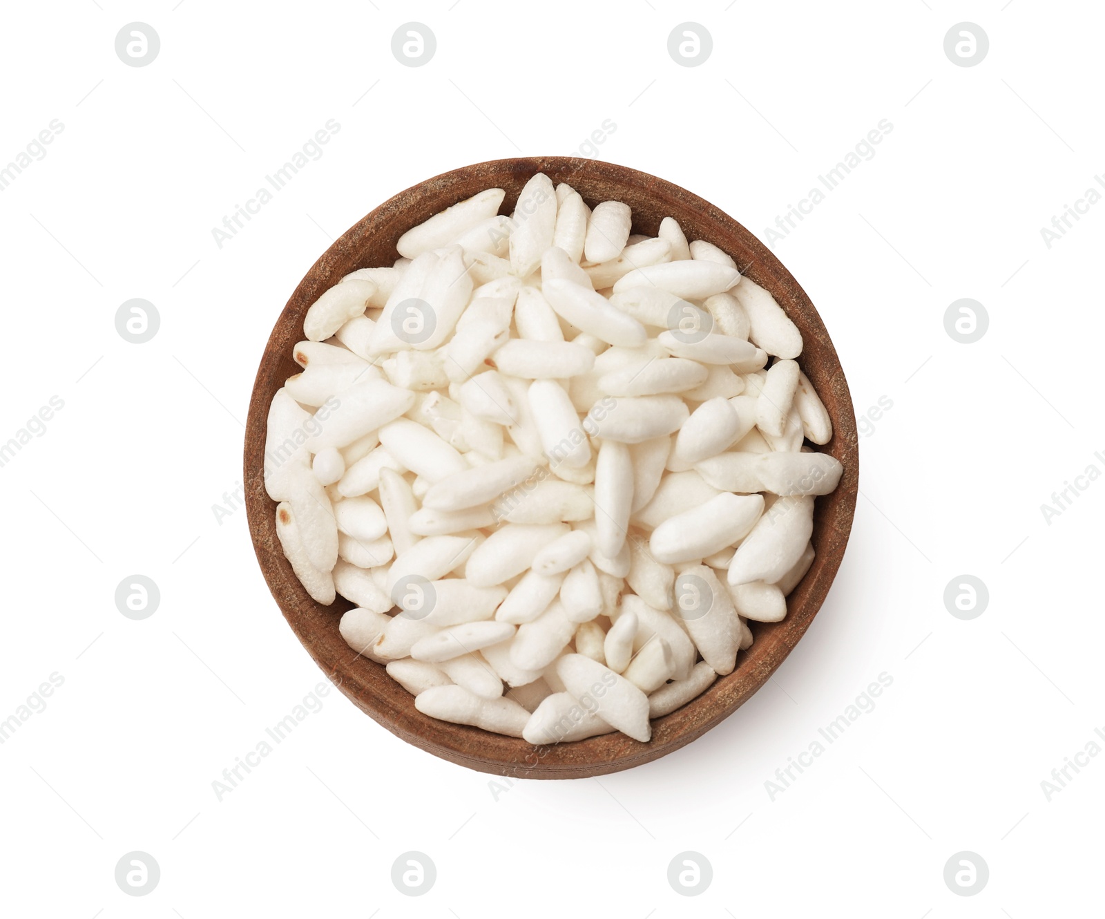 Photo of Puffed rice in bowl isolated on white, top view