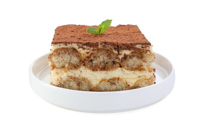 Photo of Delicious tiramisu with mint isolated on white