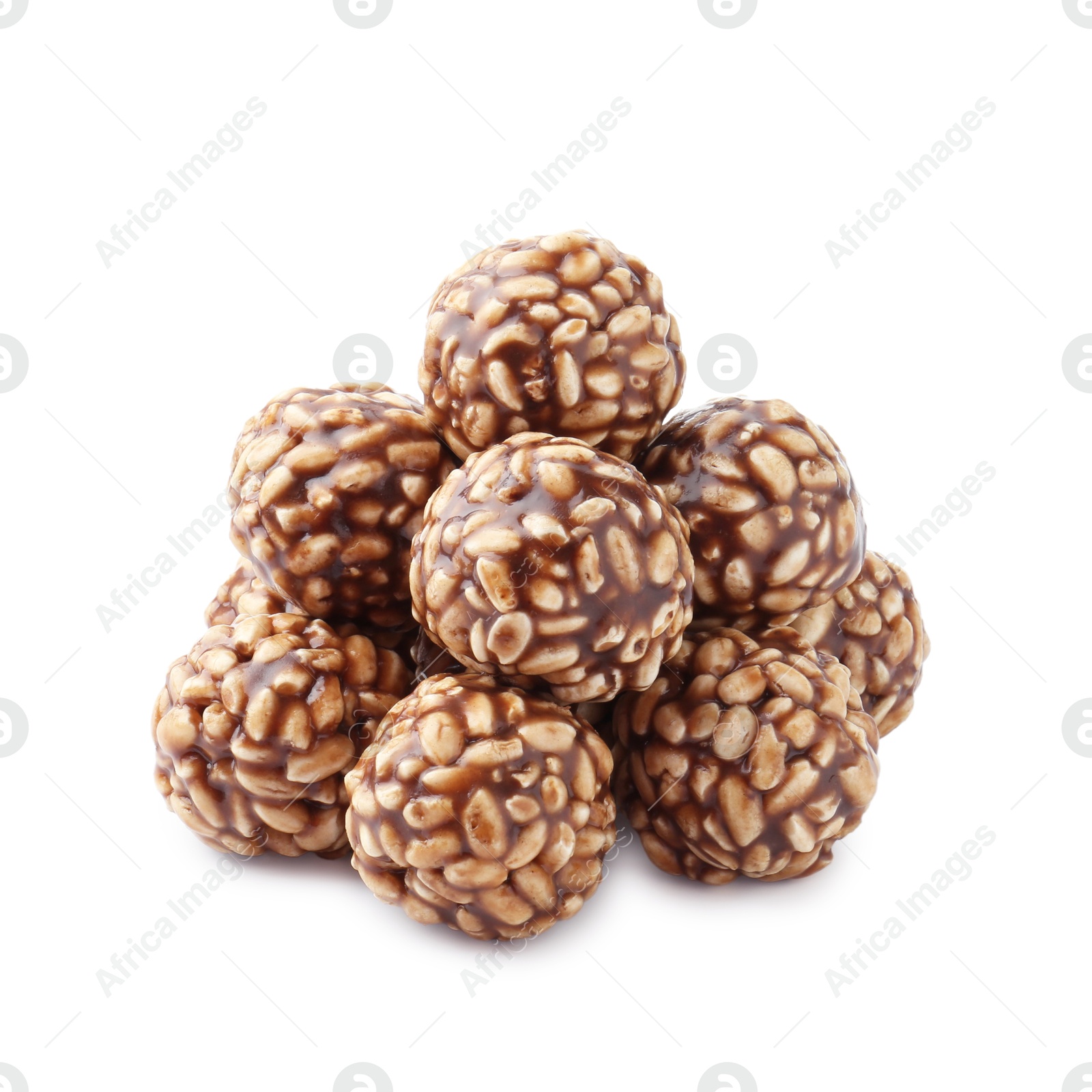 Photo of Delicious chocolate puffed rice balls isolated on white