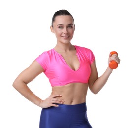 Photo of Woman exercising with dumbbell on white background