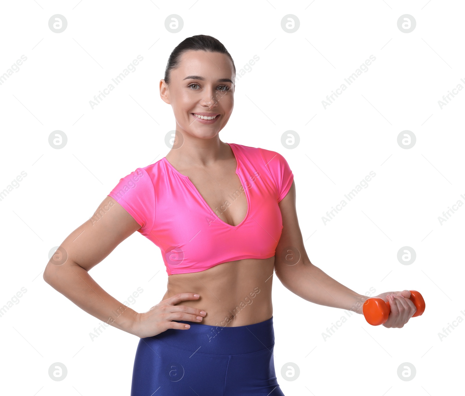 Photo of Woman exercising with dumbbell on white background