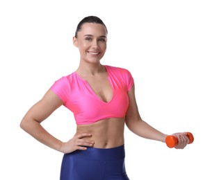 Photo of Woman exercising with dumbbell on white background