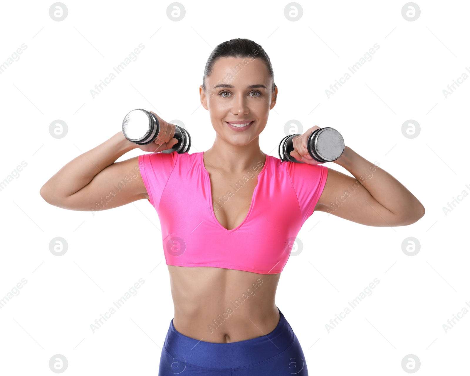 Photo of Woman exercising with dumbbells on white background