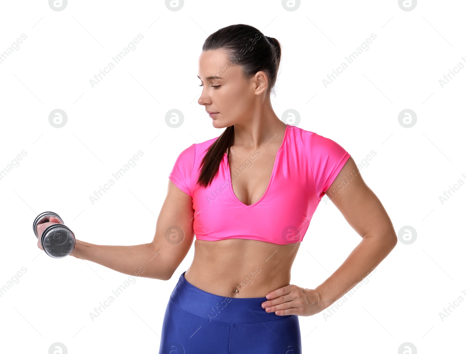 Photo of Woman exercising with dumbbell on white background