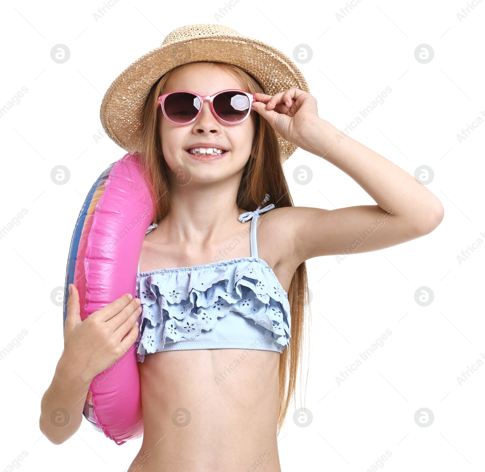 Photo of Little girl in beachwear with inflatable ring on white background