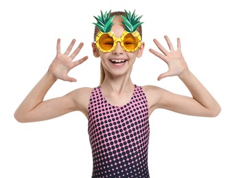 Photo of Happy girl in beachwear and sunglasses on white background