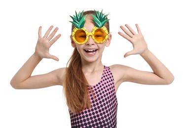 Photo of Happy girl in beachwear and sunglasses on white background