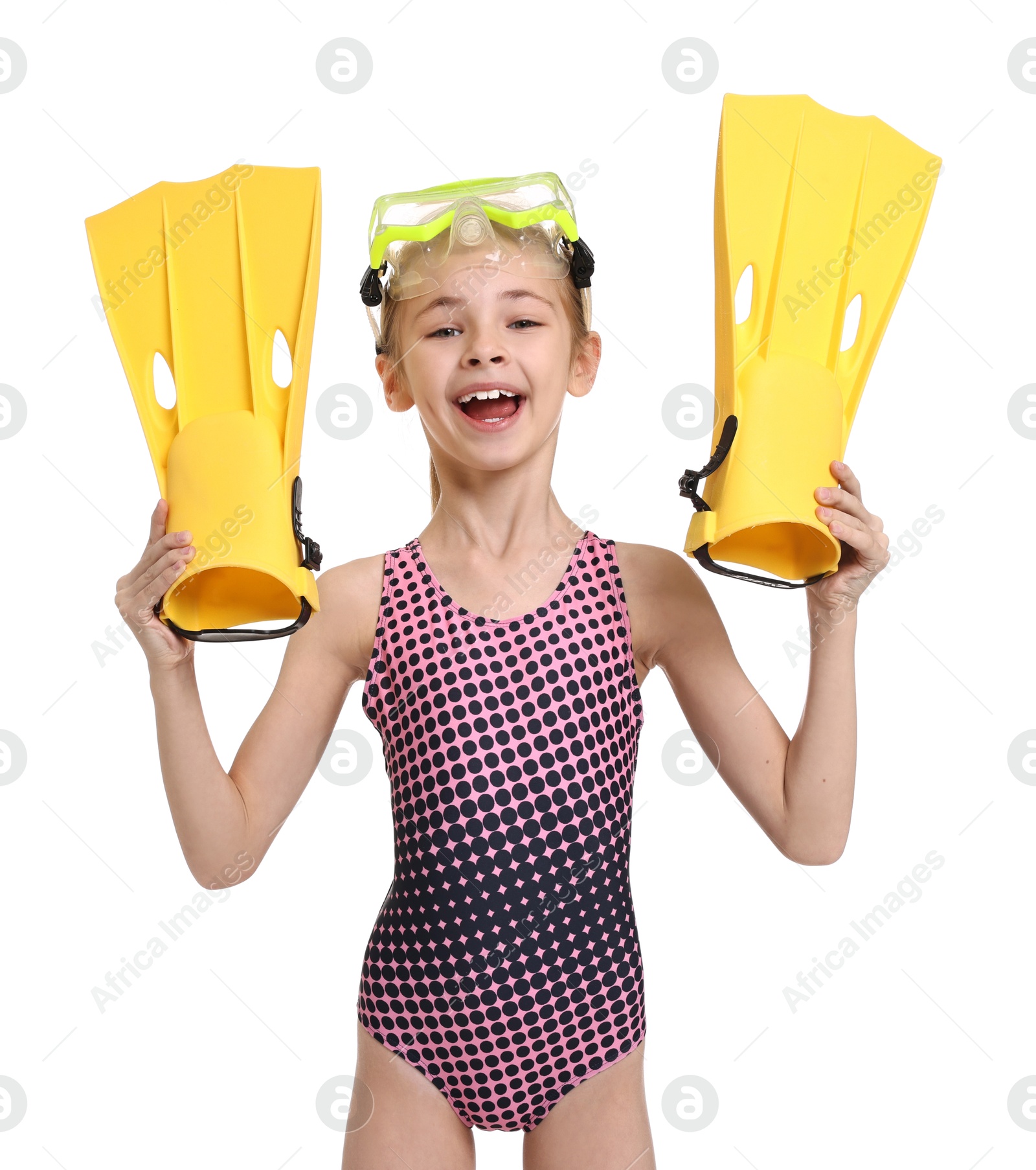 Photo of Happy girl in beachwear with diving mask and flippers on white background