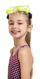 Photo of Happy girl in beachwear with diving mask on white background