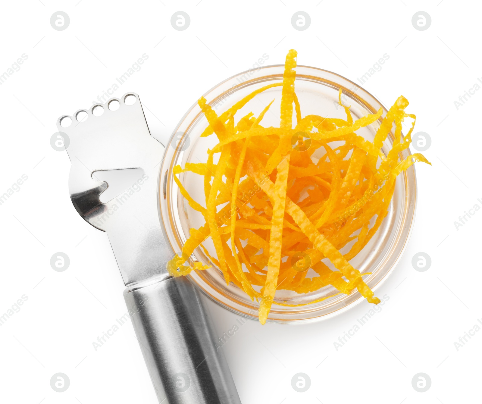 Photo of Orange zest and zester tool isolated on white, top view