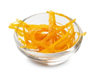 Photo of Orange zest in bowl isolated on white