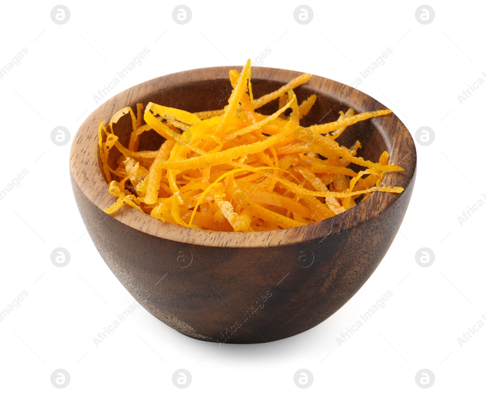 Photo of Orange zest in bowl isolated on white