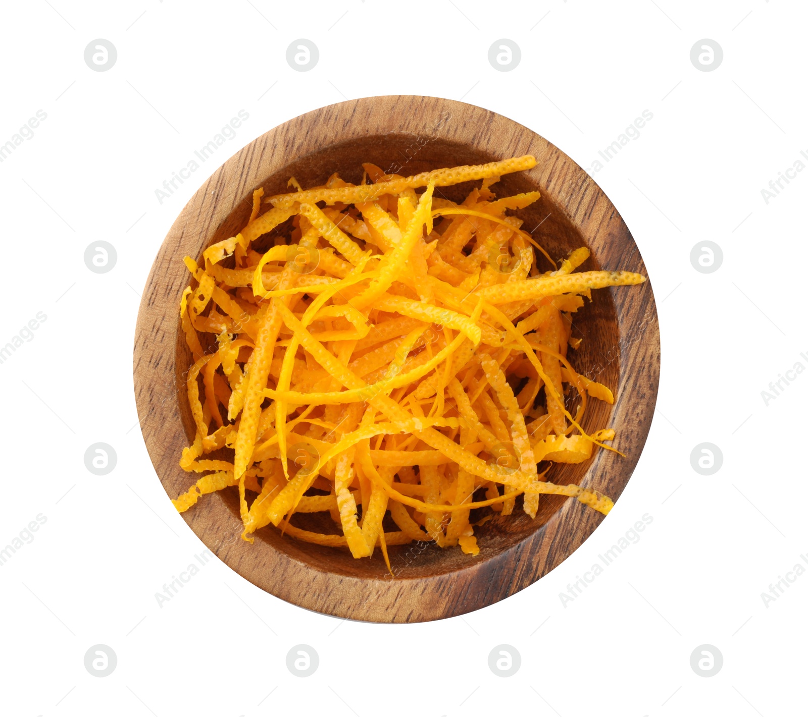 Photo of Orange zest in bowl isolated on white, top view