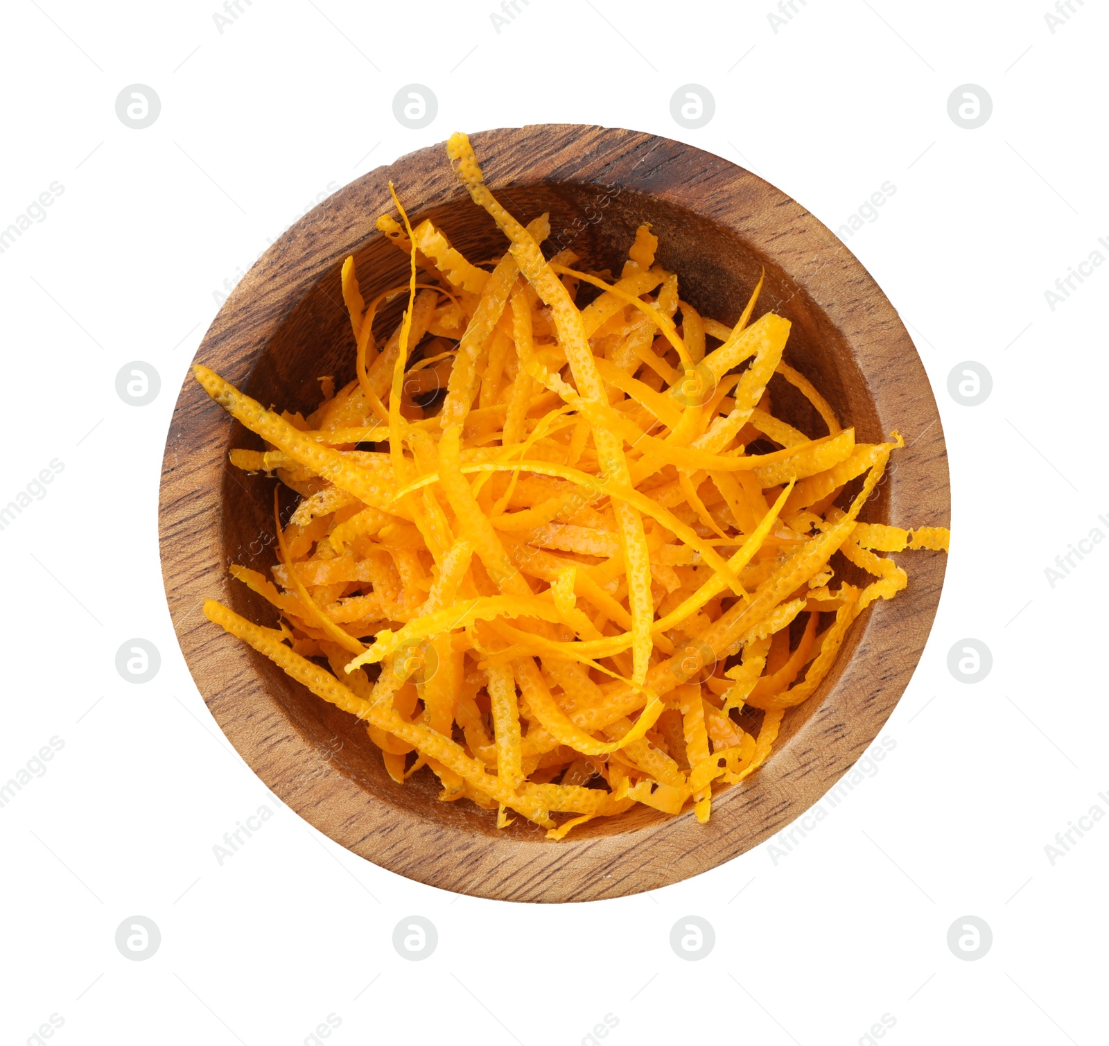 Photo of Orange zest in bowl isolated on white, top view