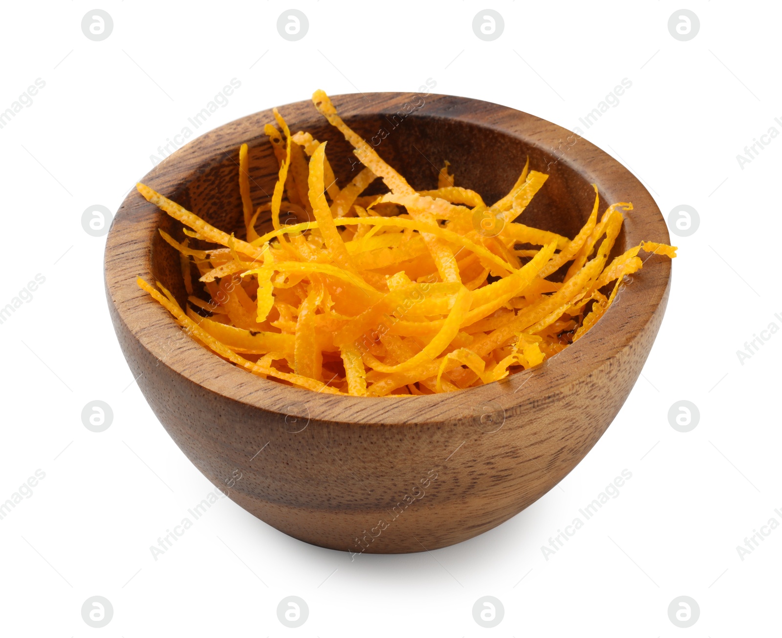 Photo of Orange zest in bowl isolated on white