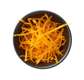 Orange zest in bowl isolated on white