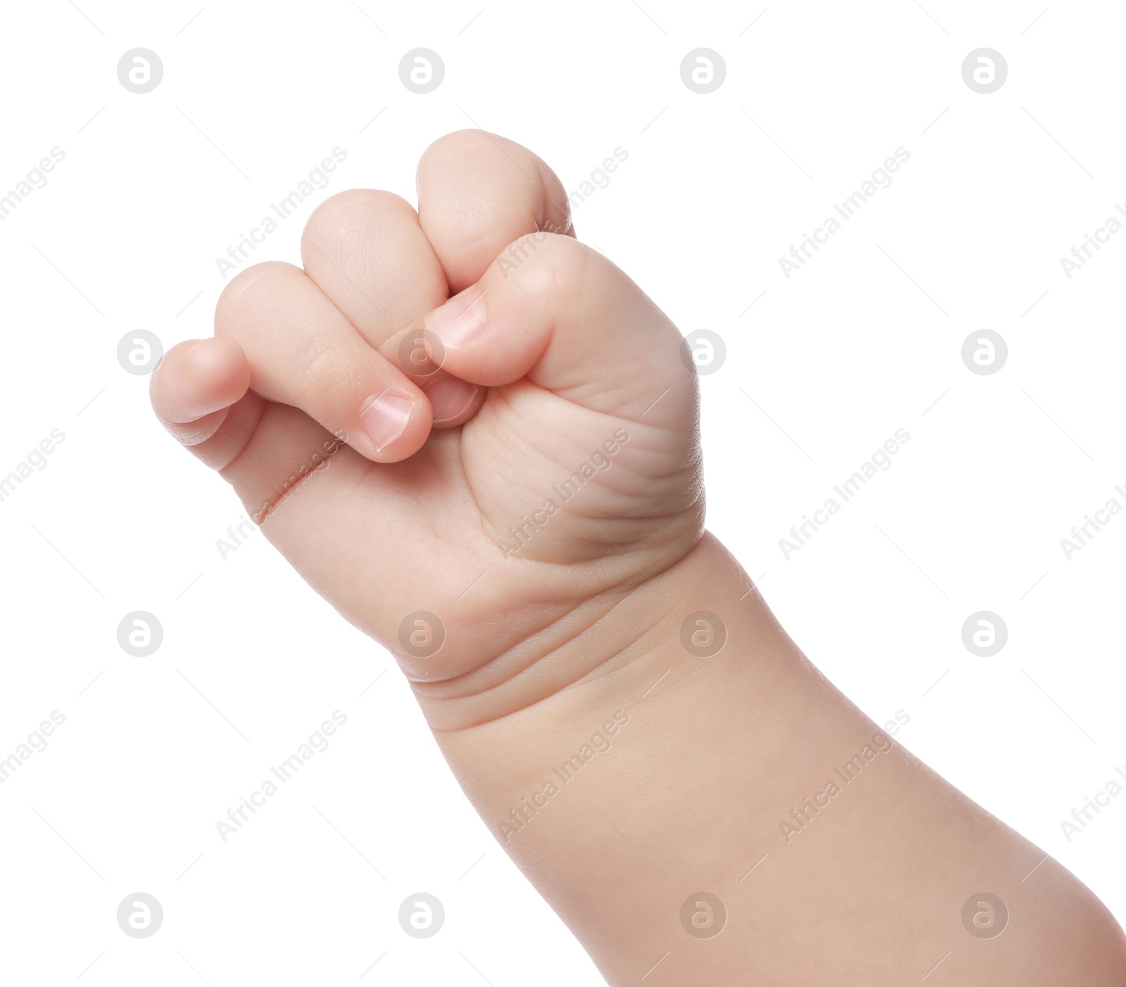 Photo of Little baby on white background, closeup view