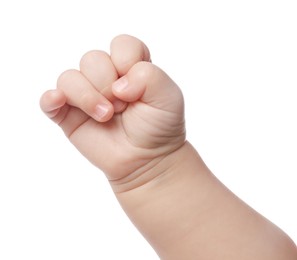 Photo of Little baby on white background, closeup view