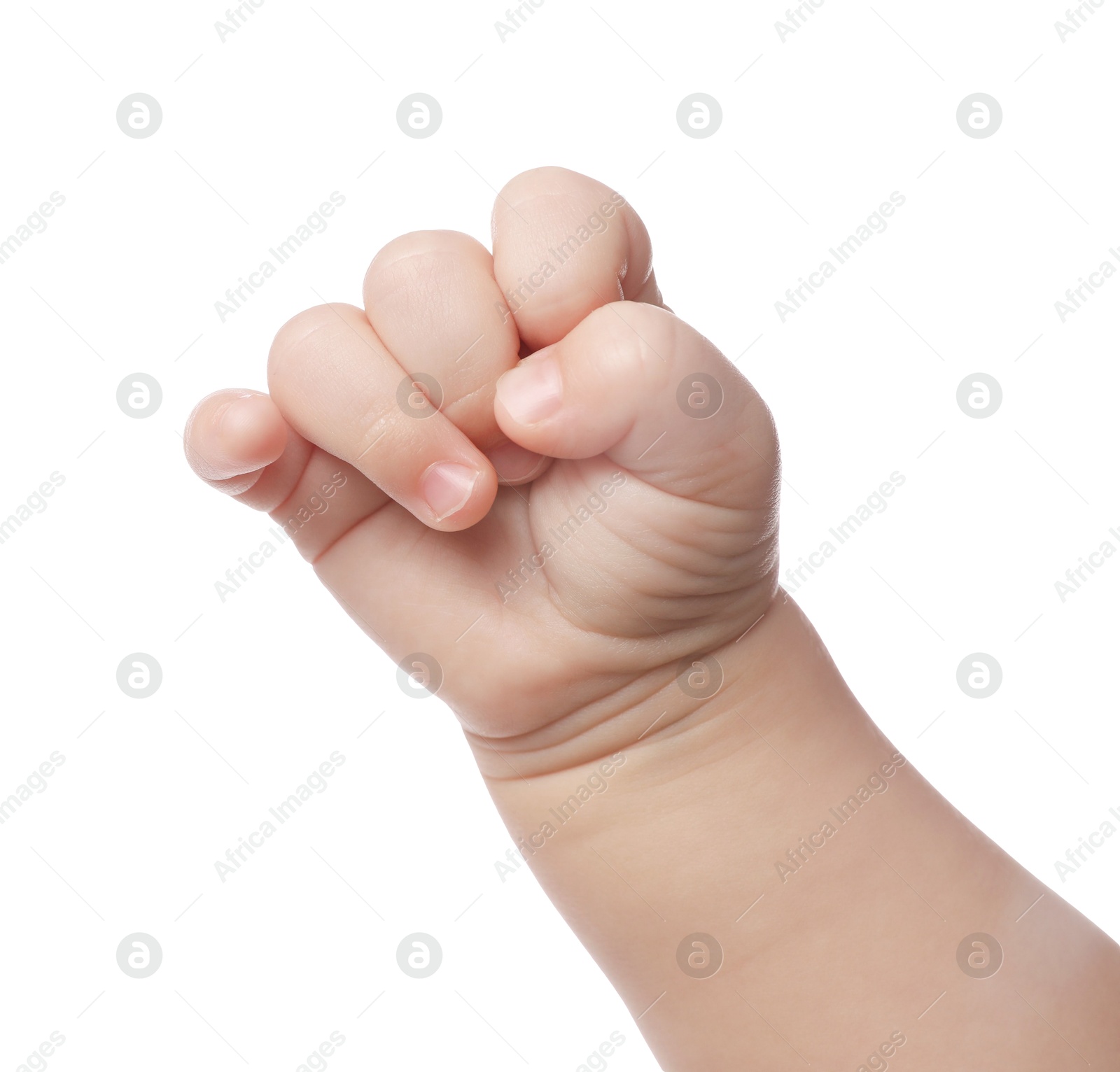 Photo of Little baby on white background, closeup view