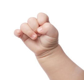 Photo of Little baby on white background, closeup view