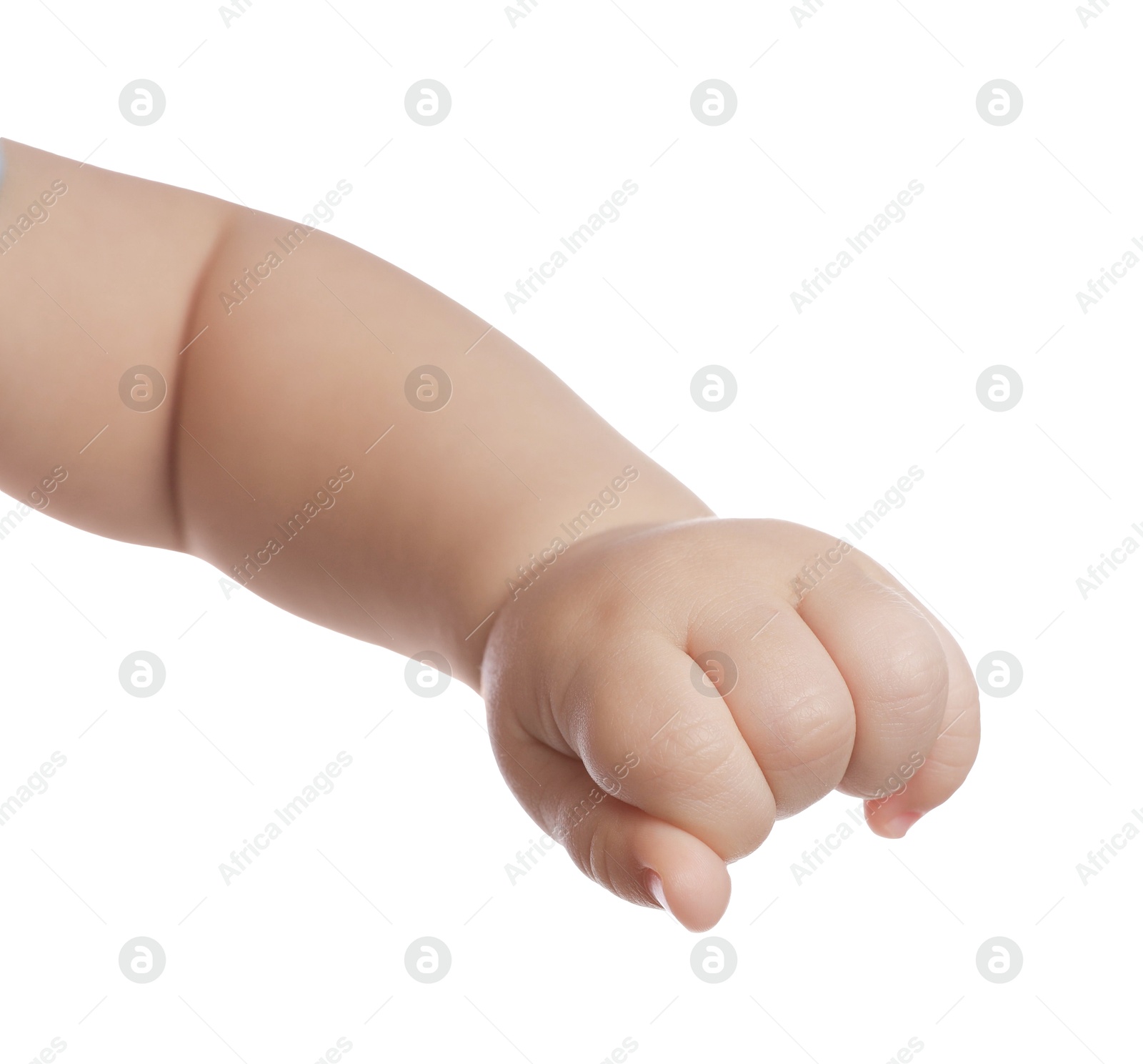 Photo of Little baby on white background, closeup view