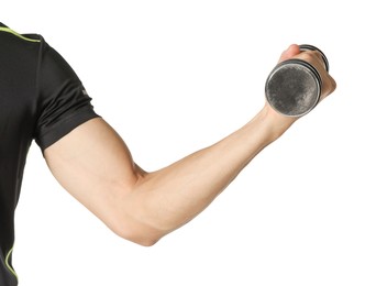 Photo of Man exercising with dumbbell on white background, closeup