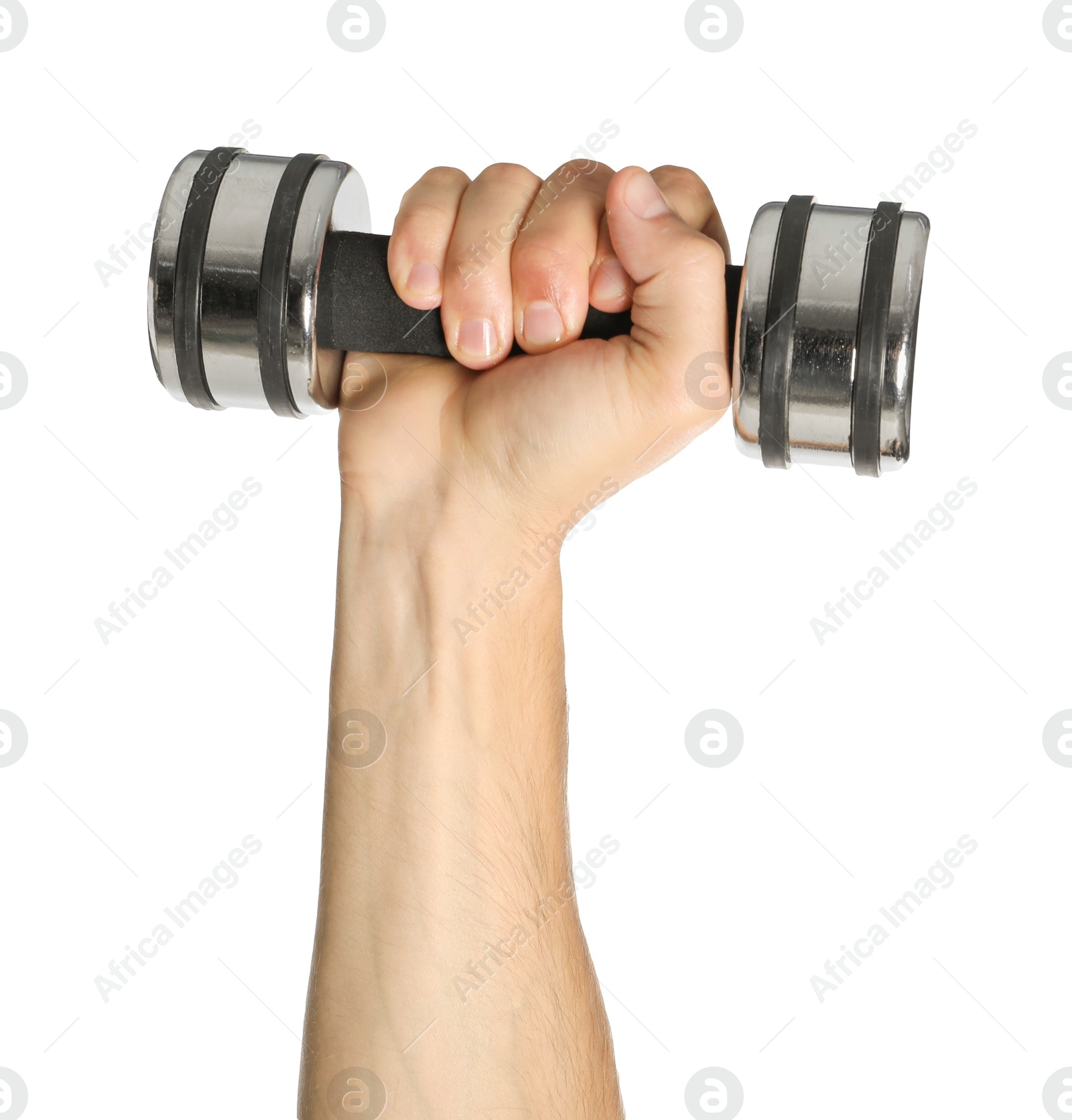 Photo of Man exercising with dumbbell on white background, closeup