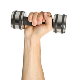 Photo of Man exercising with dumbbell on white background, closeup