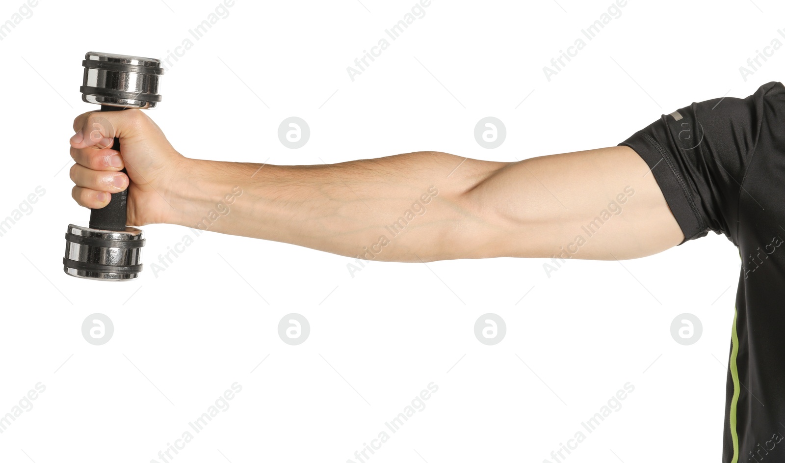 Photo of Man exercising with dumbbell on white background, closeup