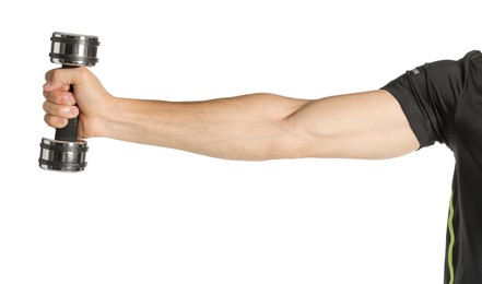 Photo of Man exercising with dumbbell on white background, closeup