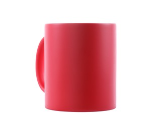 Photo of One blank red ceramic mug isolated on white. Mockup for design