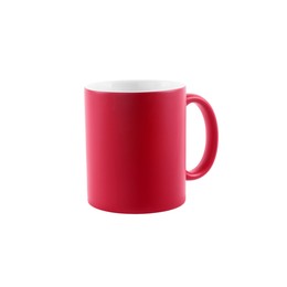 Photo of One blank red ceramic mug isolated on white. Mockup for design