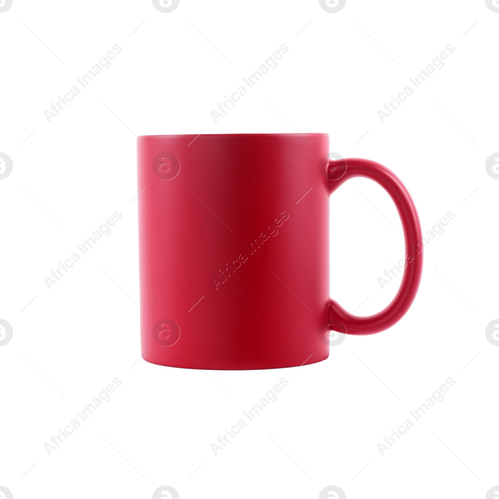 Photo of One blank red ceramic mug isolated on white. Mockup for design