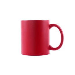 Photo of One blank red ceramic mug isolated on white. Mockup for design