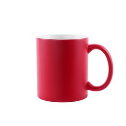 Photo of One blank red ceramic mug isolated on white. Mockup for design