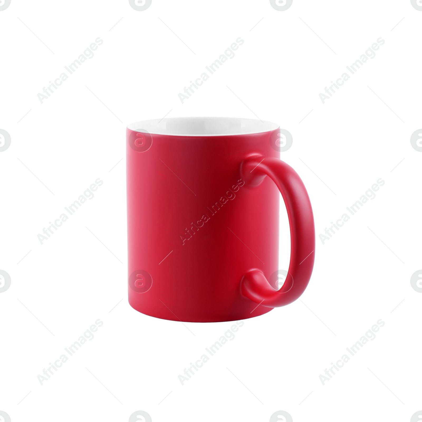 Photo of One blank red ceramic mug isolated on white. Mockup for design